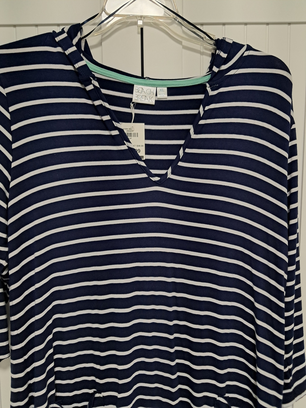 Beach Break Navy & White Striped V-Neck Hooded Swimsuit Cover-Up Sz XL NWT